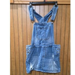 TinselTown Denim Overalls Dress Mini Distressed Jean Skirt Stretch‎ Sz M